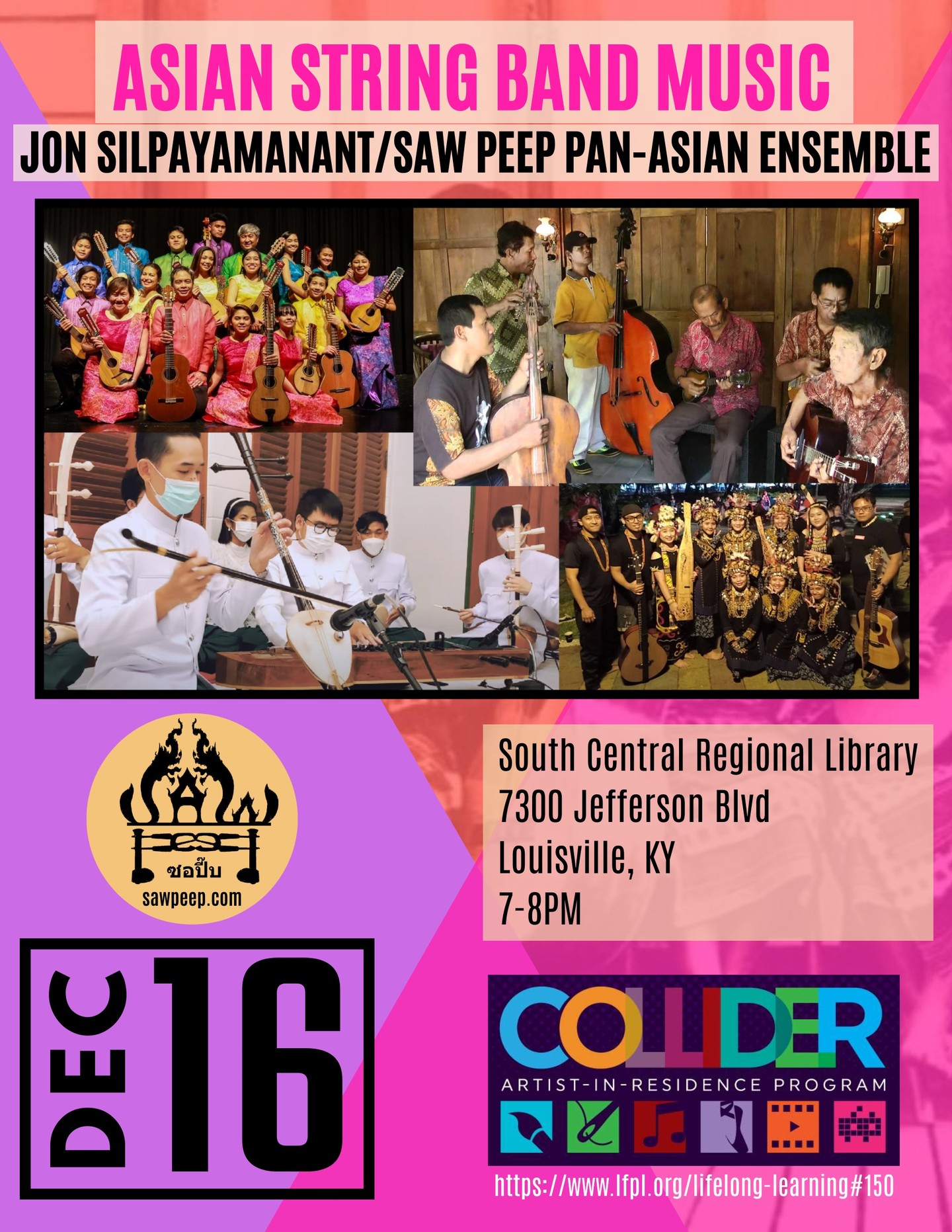 ASIAN STRING BAND MUSIC

South Central Regional Library: Artist-in-Residence Room
Saturday, December 13, 2025, 8PM

Did you know that Asia has string band traditions? When we think about string bands the image that comes to mind are old-time or jazz ensembles made up mainly or solely of string instruments that were especially popular in the 1920s and 1930s but have been making a comeback. Some of the oldest Asian string bands, like kronchong in Indonesia and rondalya in the Philippines, date back to the early colonial period in the 1600s.

Come hear and see a wide variety of Asian String Band ensembles and genres in this presentation by Jon Silpayamanant. Jon will talk about some of the string band music that Saw Peep Pan-Asian Ensemble performes and demonstrate some instruments from his personal collection which he uses in performances with Saw Peep. In the presentation, you will also get a glimpse of the string band world created by generations of Asian immigrants in the US.

'Asian String Band Music' is Free and open to all ages and is part of the Saw Peep Pan-Asian Ensemble's COLLIDER Residency at the South Central Regional Library and will take place in the Artist-in-Residence Room (No. 7 on this map of the library: https://www.sawpeep.com/southcentralregionallibrary-floorplan )

Artist-in-Residence Room
South Central Regional Library
7300 Jefferson Blvd.
Louisville, KY 40219
(502) 964-3515
www.lfpl.org/south-central-regional-library

About the COLLIDER Artist-in-Residence Program
https://www.lfpl.org/lifelong-learning#150

About Jon Silpayamanant:
Born in Udon Thani, Thailand Jon Silpayamanant is an intercultural multi-instrumentalist, composer, cellist, and music educator based in the greater Louisville and Kentuckiana area.

As a biracial Thai American with musical families on both sides of the world, he has been navigating musical code switching and bimusicality for much of his life and uses that experience to inform his understanding of how music ecosystems interact, hybridize, and create systems of exclusion.