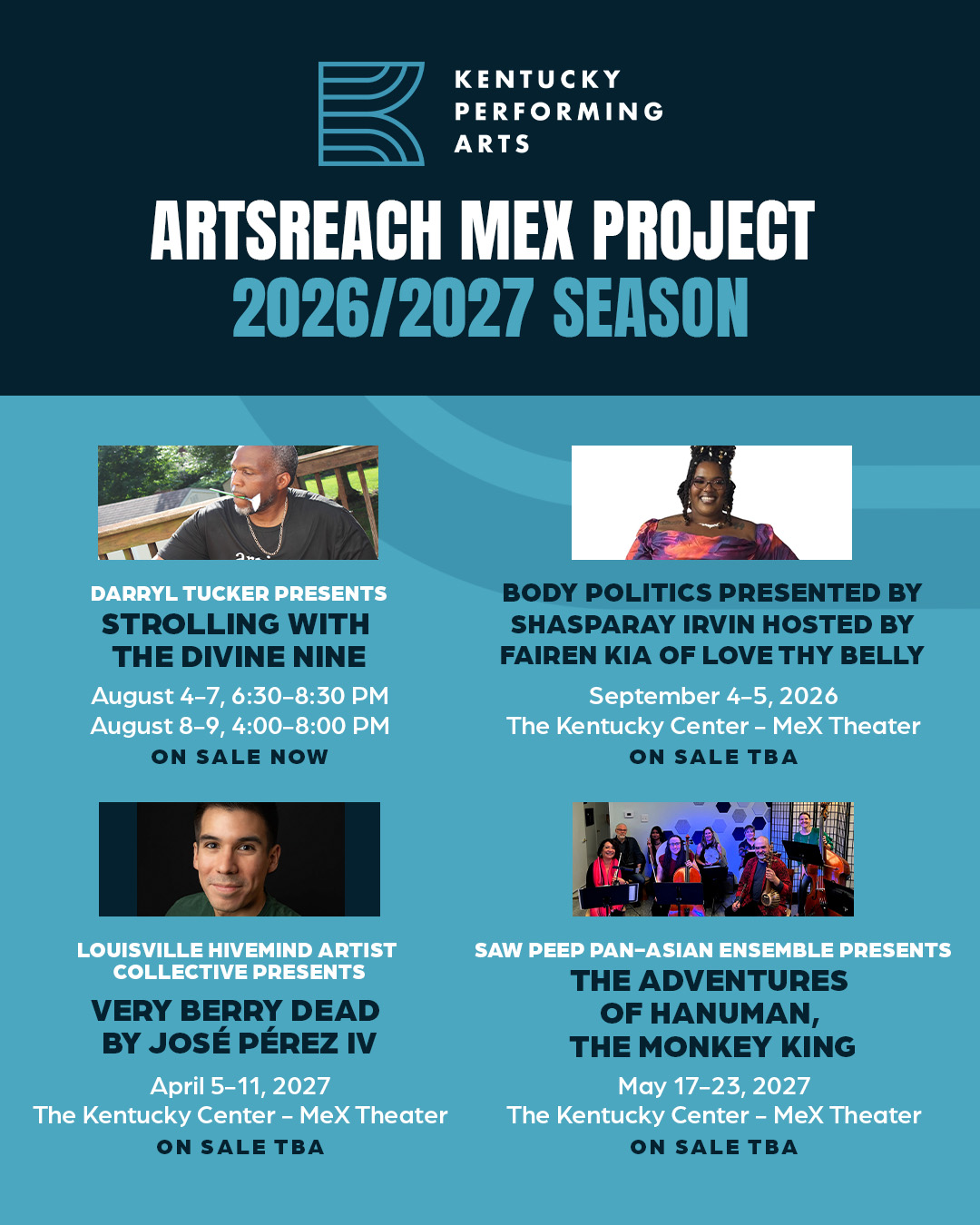 We're so excited to be sharing space on the Artsreach MeX Project at the Kentucky Center with these other wonderful artists this 2026/2027 Season!
Original post by @kyperformingarts @kentuckycenter @kpaartsreach here: https://www.instagram.com/p/DbGQZVEiAUI/